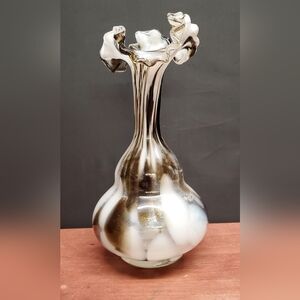 Opaline White Swirl Glass Bud Vase Ruffled Rim Empoli